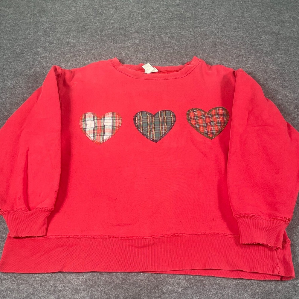 Moda International Sweater Womens S Red Hearts Plaid Distressed‎ Oversized 90s